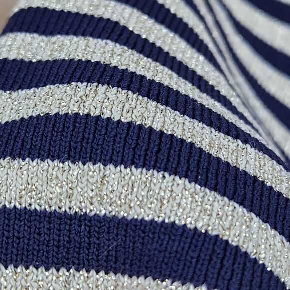 ☔️🔺️Grace Metallic Gold & Blue Striped Turtleneck Sleeveless Top Large - Picture 7 of 9